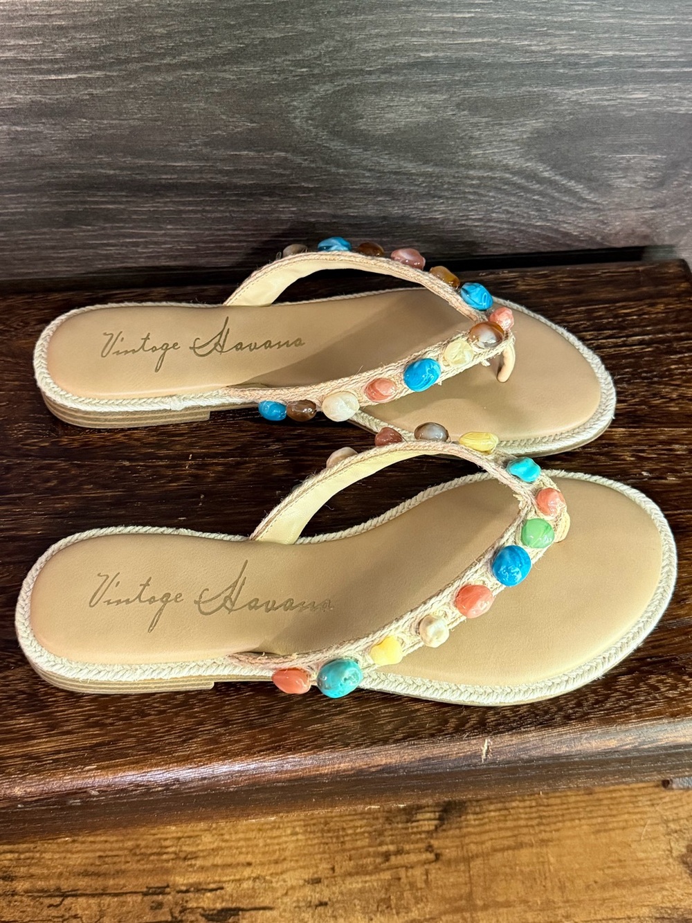 Vintage Havana Sandy Beige Beaded Thong Sandals NIB Size 7 - Picture 8 of 16
